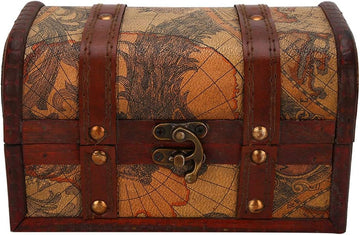 Vintage Treasure Chest, Handmade Decorative Wooden Treasure Chest Box with Map Motifs, Jewelry Storage Case Trinket