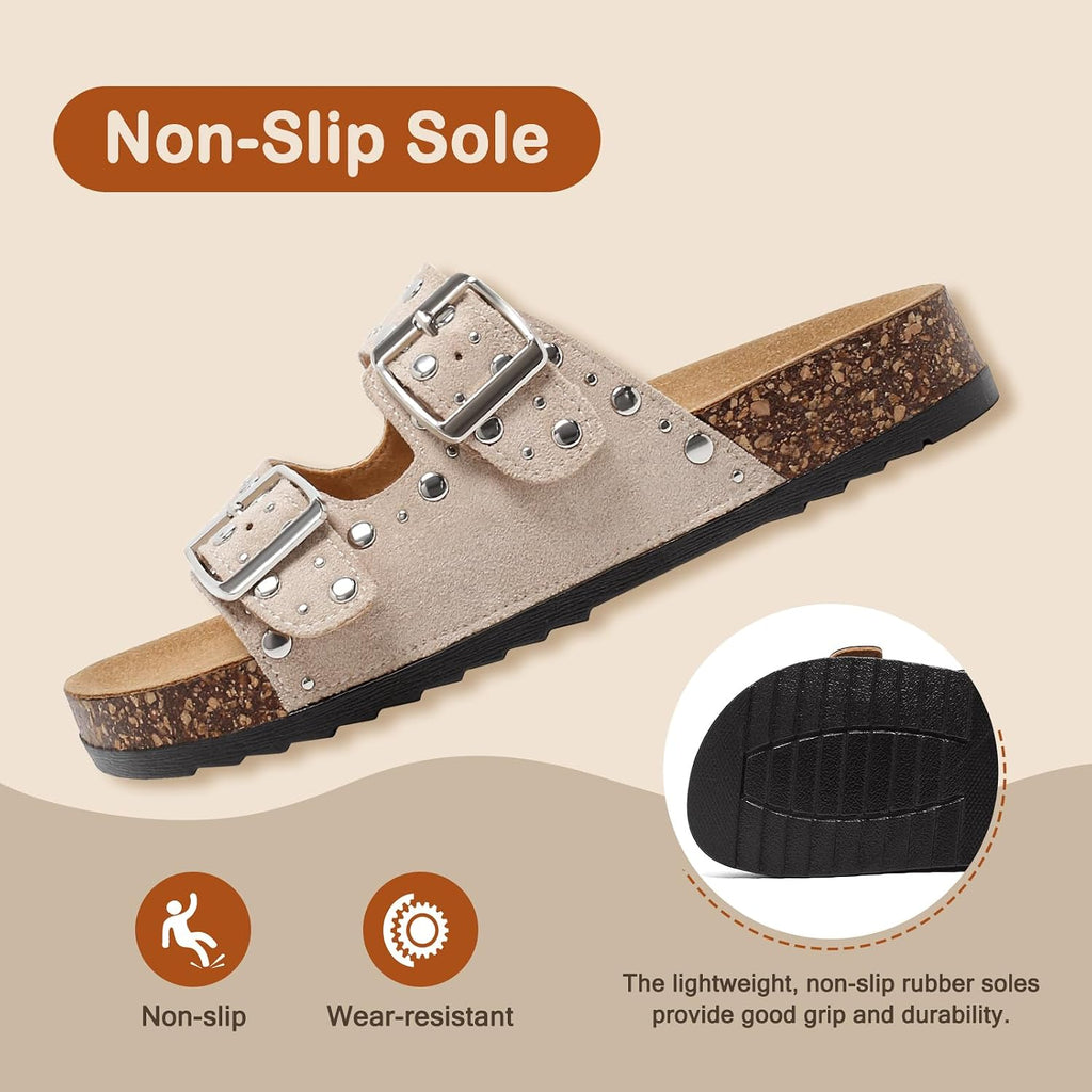 Kids Cork Footbed Sandals Boys Girls Fashion Studded Double Buckle Slides
