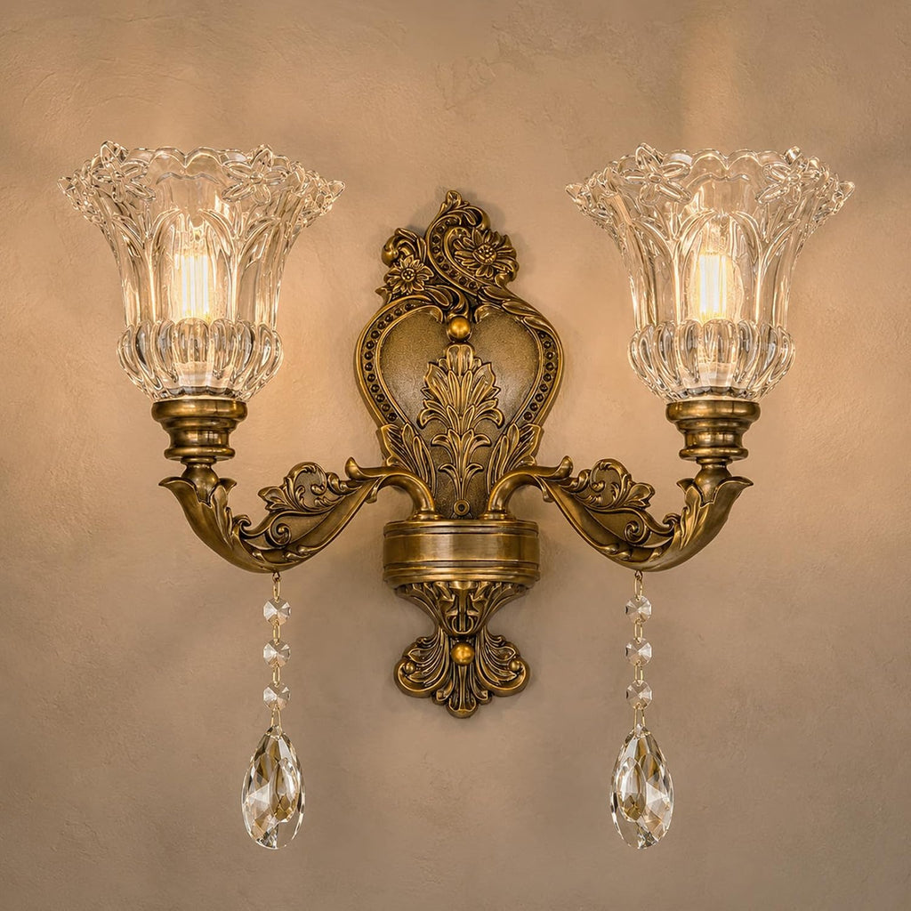 Vintage Style Crystal Sconces,2-Lights Design,3000K Warm Light | Zinc Alloy Body,K9 Crystal Pendant,Floral Glass