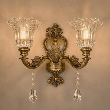 Vintage Style Crystal Sconces,2-Lights Design,3000K Warm Light | Zinc Alloy Body,K9 Crystal Pendant,Floral Glass