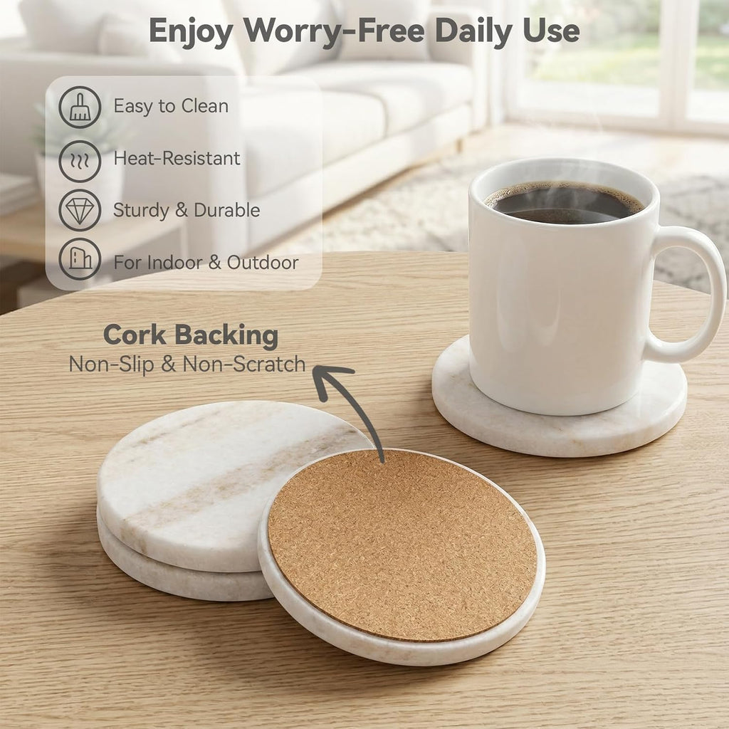 Cream White Marble Coasters, Modern Neutral Drink Coaster for Coffee Table, 4" Round Polished Natural White - Set of 4