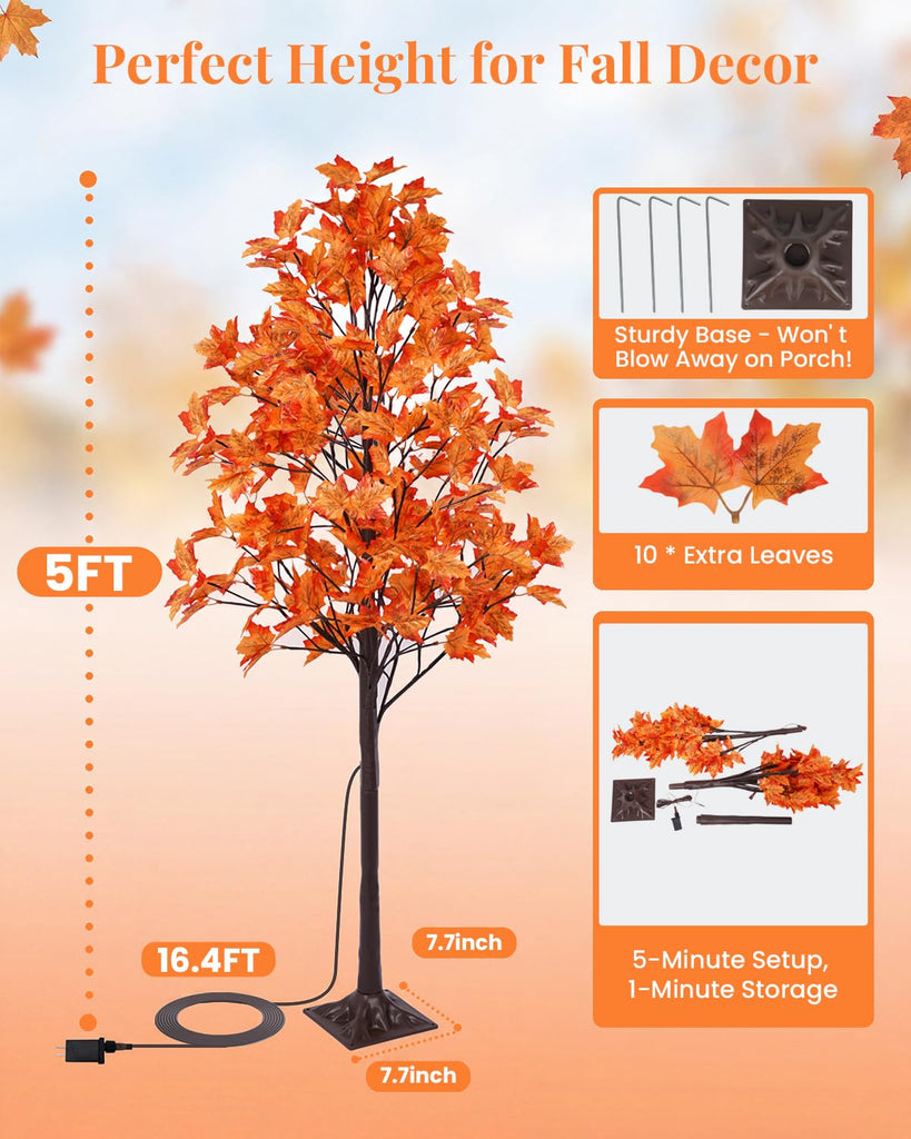 5FT Artificial Lighted Maple Tree with 96 LED & 192 Ultra-Dense Maple Leaves - Fall Decorations Maple Tree with Timer
