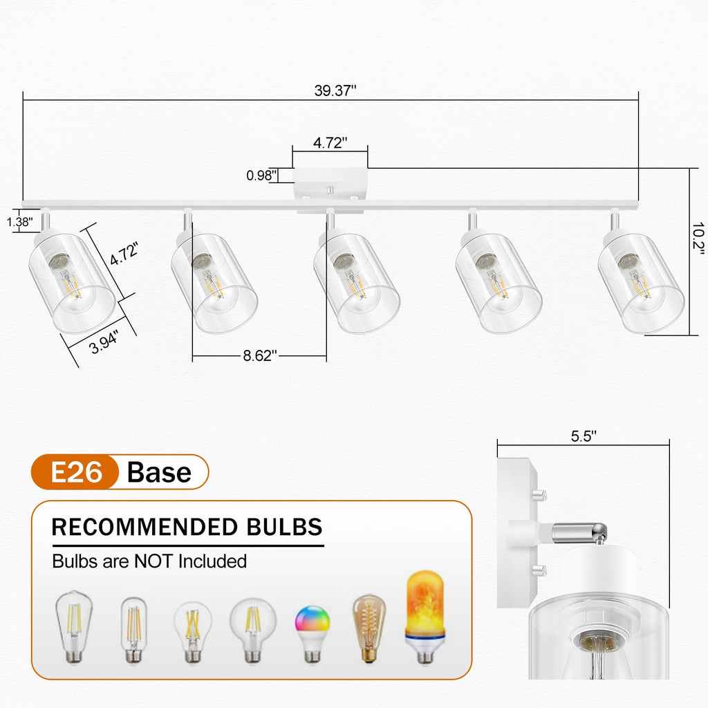 40" Track Lighting Fixtures Ceiling, 5-Light Track Light with Clear Glass Shade, White Ceiling Spotlight Kit