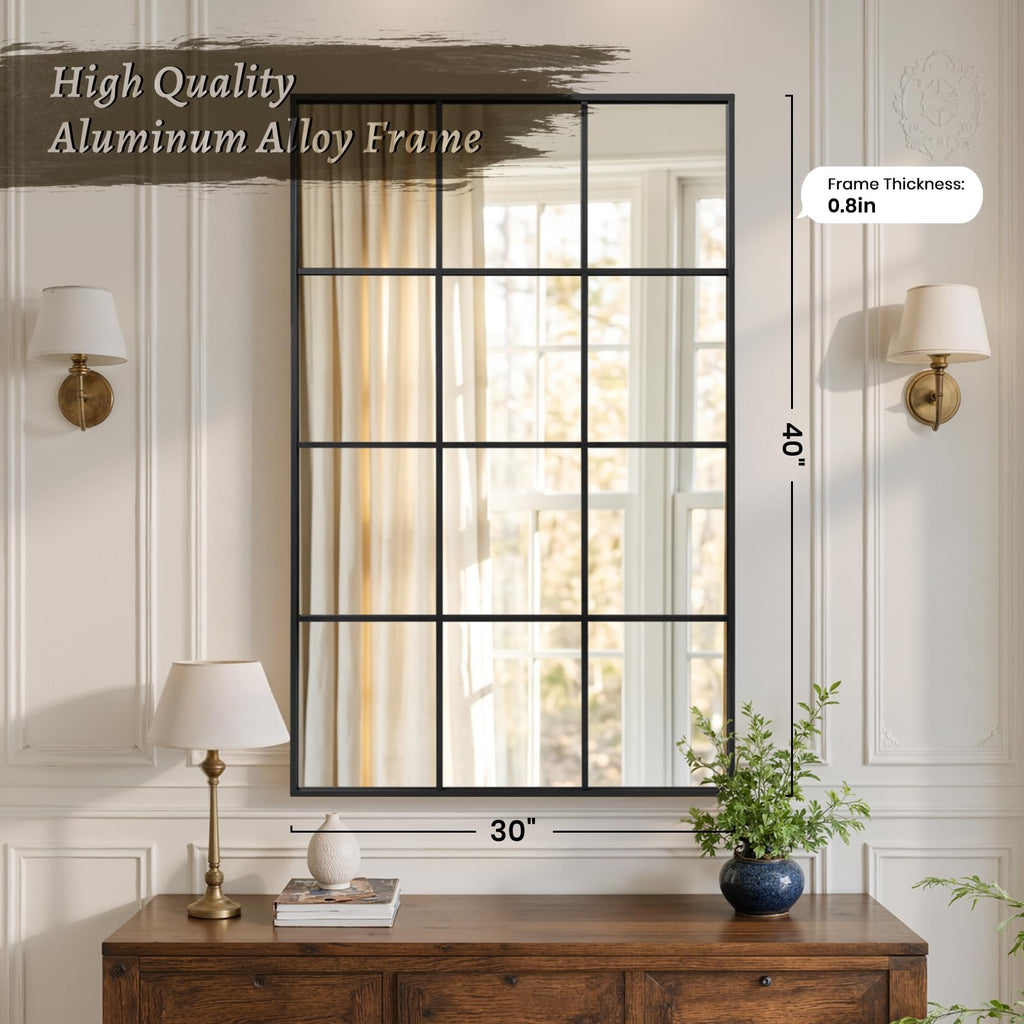 Windowpane Wall Mirror 30"x40" Black Wall Mounted Art Pane Mirror Farmhouse Decorative Mirror Leaning Hanging Wall