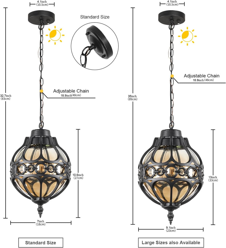 Dusk to Dawn Outdoor Pendant Lighting for Porch, Black Aluminum Anti-Rust Hanging Lights Fixture