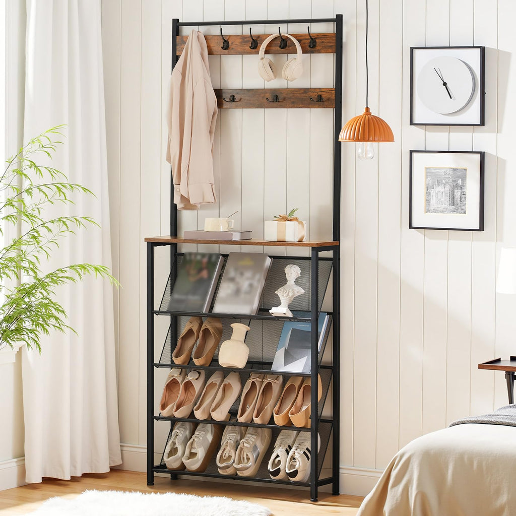 Hall Tree with Bench, Narrow Shoe Rack with Coat Rack, Coat Rack with Shoe Storage, 5 Tier Slanted Shoe Storage