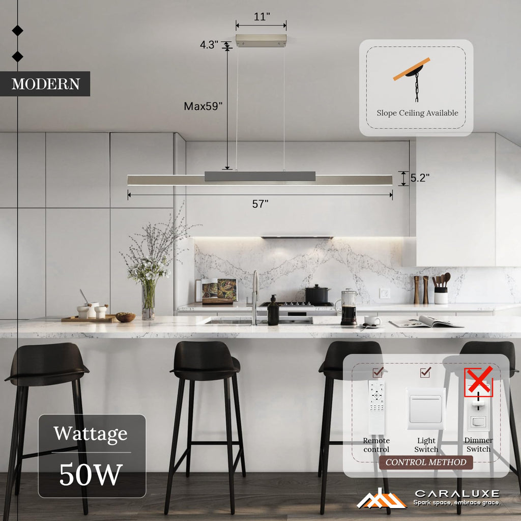 LED Linear Pendant Light 57in Brushed Nickel Island Light Dimmable