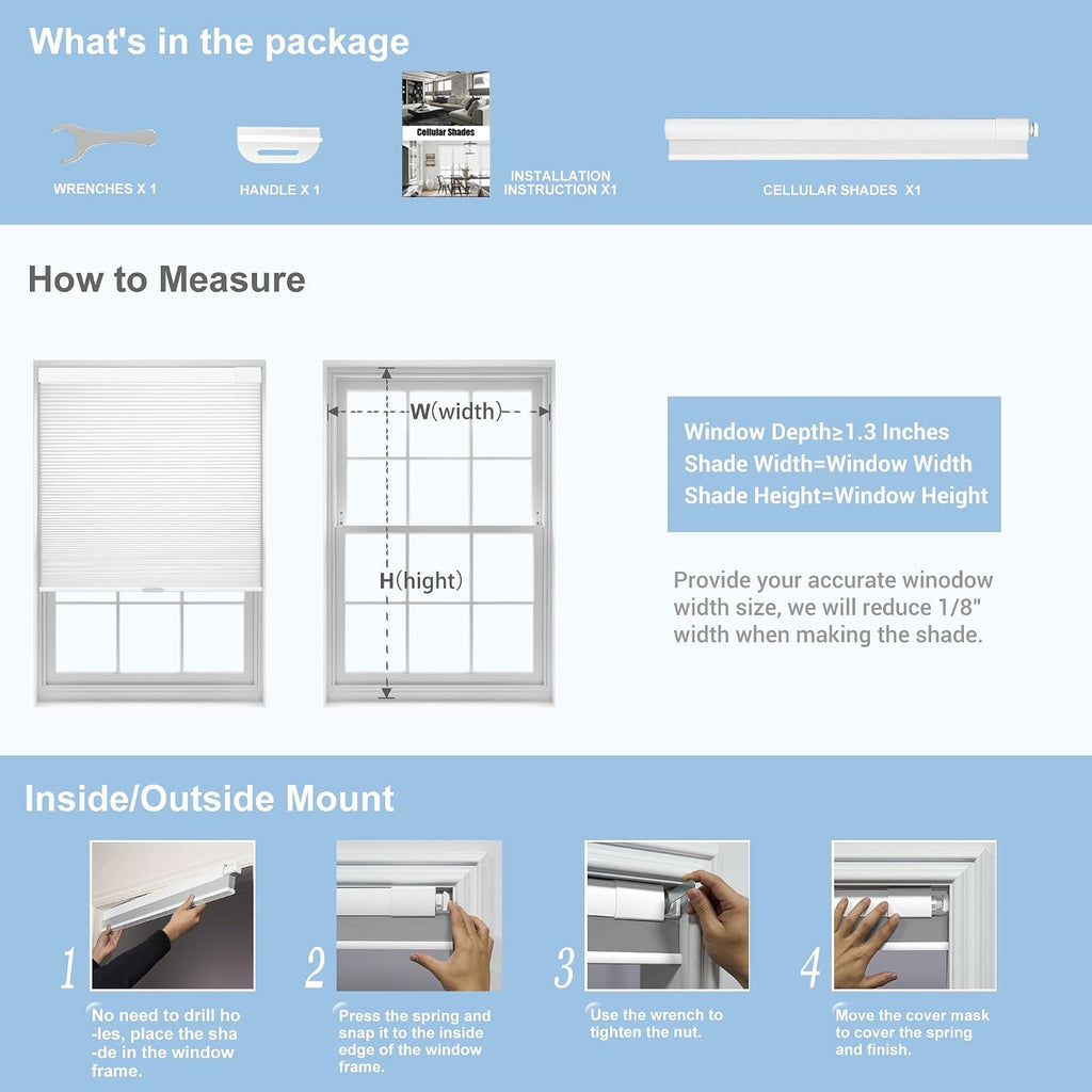 No Drill Blinds for Windows Blackout Cellular Shades Cordless No Tools Honeycomb Blinds Pull Down Easy Install, Beige