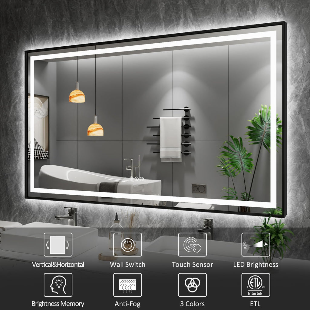 60"X28" LED Bathroom Mirror with Black Frame, Front Lit and Backlit