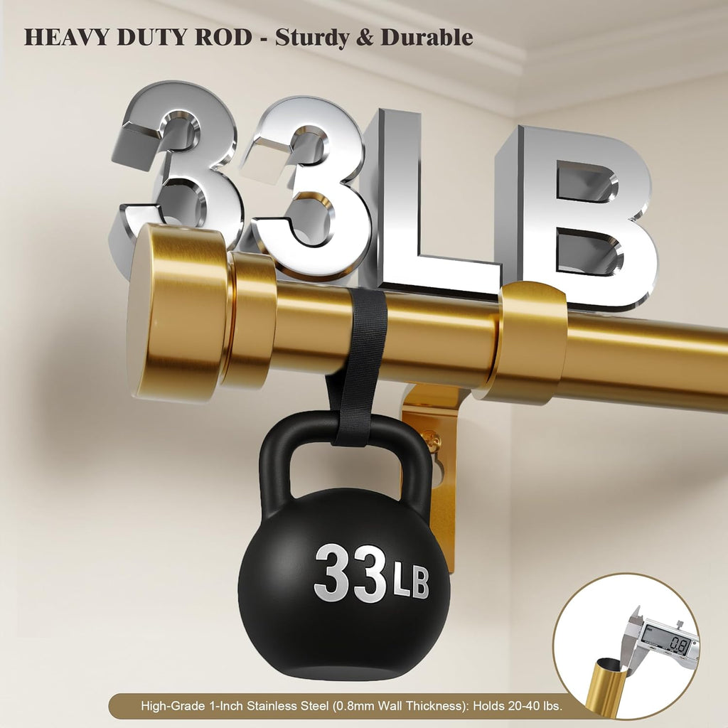 Heavy Duty Curtain Rods for Windows 72 to 144 Inch, 1 Inch Brass Gold Curtain Rod, Adjustable Length Rod with Metal