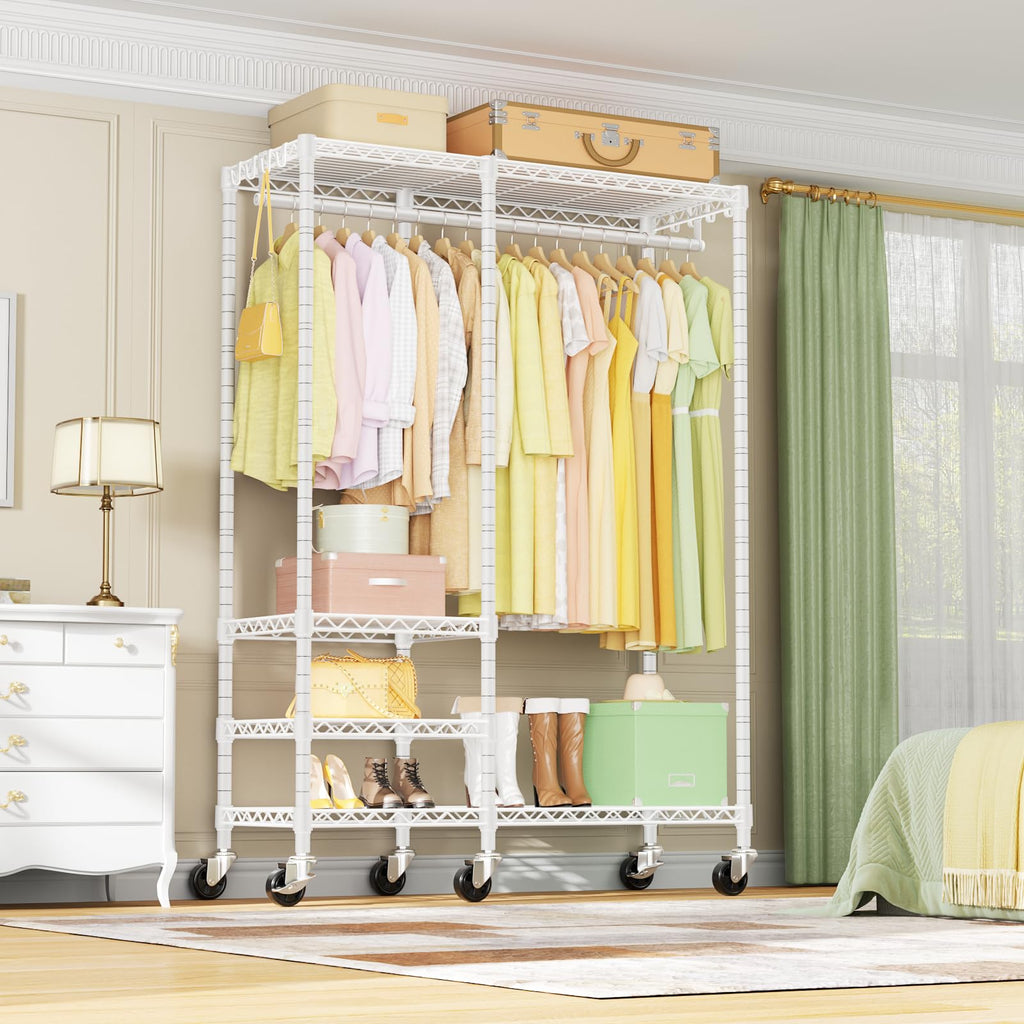 F4R Heavy Duty Clothes Rack(With Lockable Wheels ) Rolling Clothing Racks for Hanging Clothes,Adjustable Closet