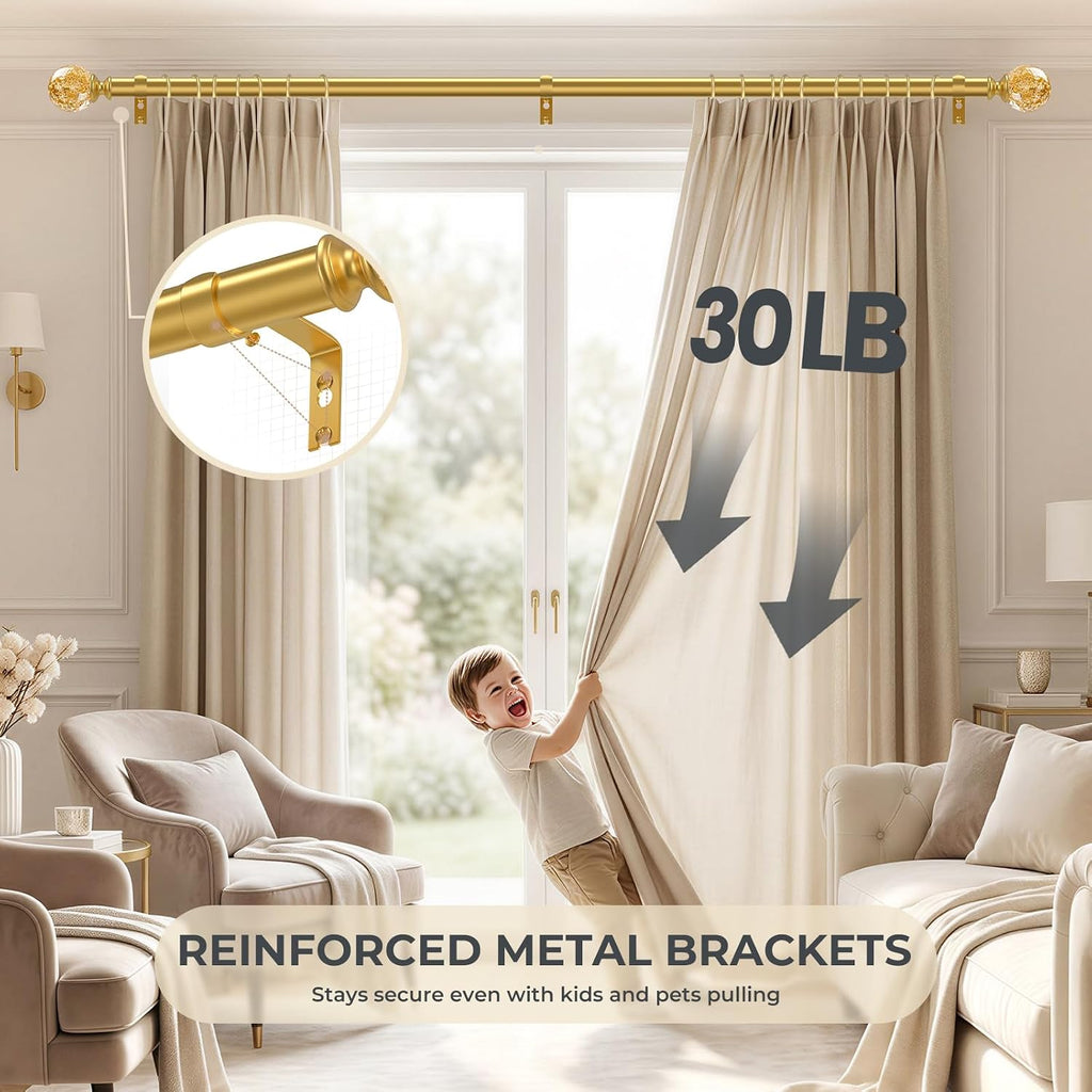 Gold Decorative Crystal Curtain Rods:36-88 Inch Heavy Duty Adjustable Window Curtains Rods for Bedroom Living Room