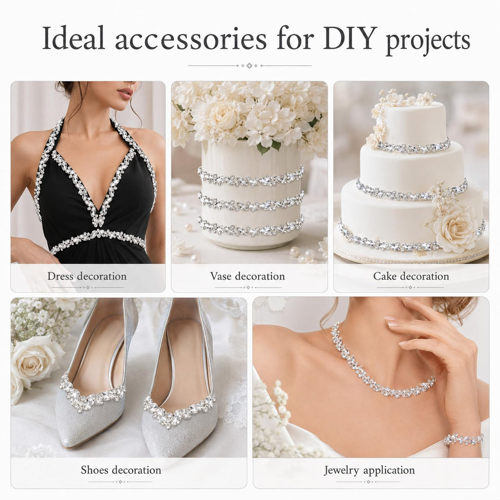 Silver String Strips Crystal Rhinestone Chain Trim Applique Diamond Applique Embellishment for Wedding Bridal - 3 Yards
