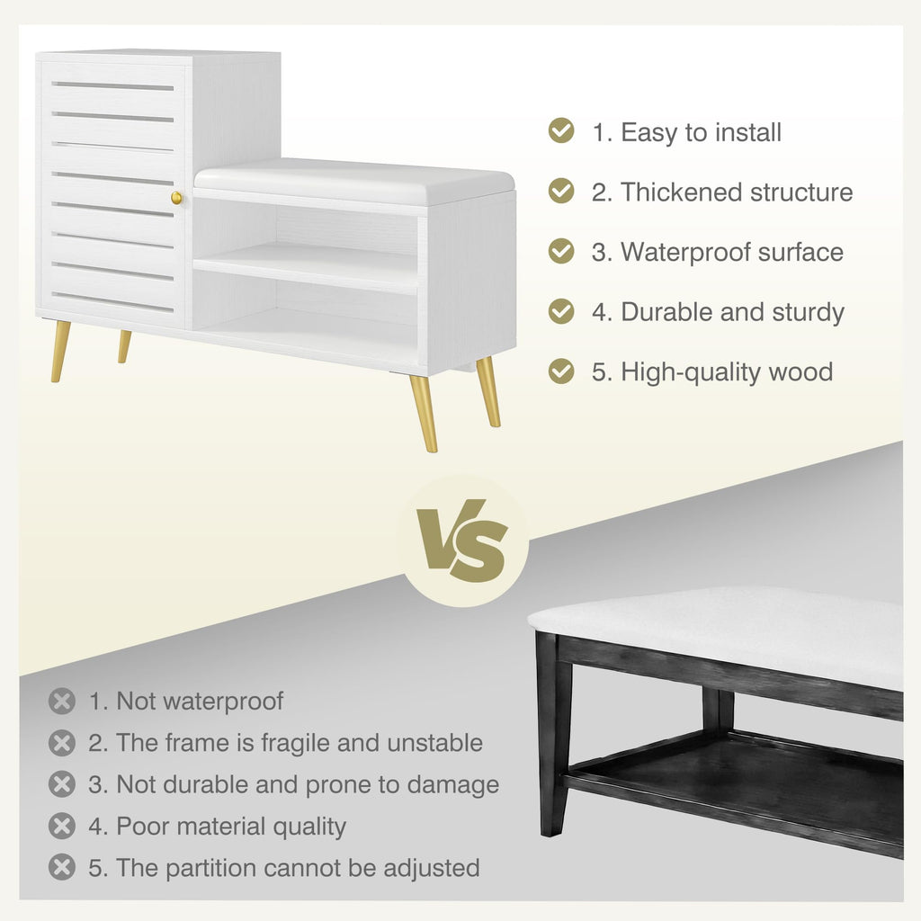 Shoe Storage Bench with Door&Shelf, Entryway Bench with Seat Cushion, L-Shaped, White