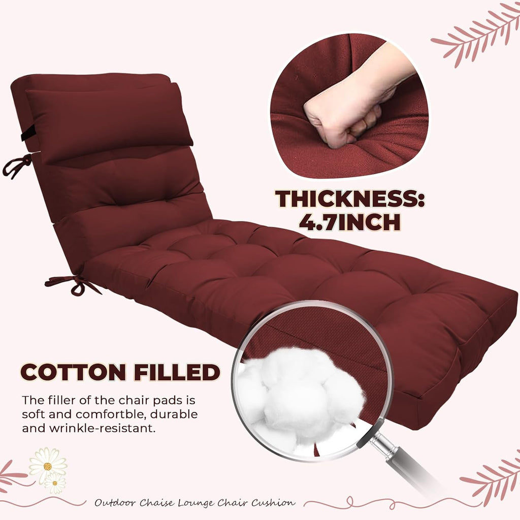 Waterproof Lounge Chair Cushion Set of 2, Outdoor Fade Resistant Chaise Lounger Replacement Chairs Cushions with 6