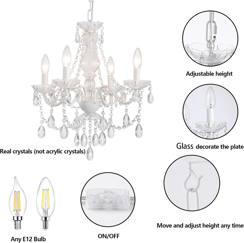 Plug-in White Crystal Chandelier, 4-Light Ceramic & Crystal Hanging Pendant Light with Clear Cord and On/Off Switch