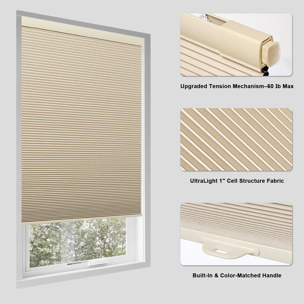No Drill Cellular Shades Windows, Thermal Insulating & Noise Reducing Honeycomb Blinds, Free Stop Cordless Blackout