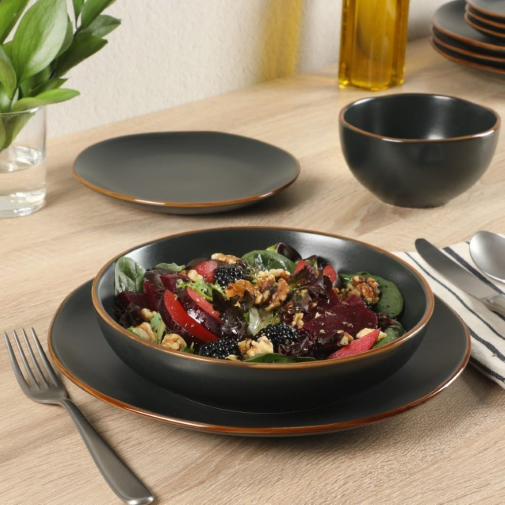 Hazeltine 16-Piece Black Stoneware Dinnerware Set - Plates and Bowls, Durable Ceramic Kitchen Dinner Set