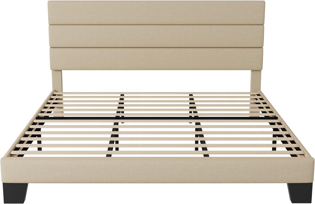 King Platform Bed Frame with Fabric Upholstered Headboard and Wooden Slats Support