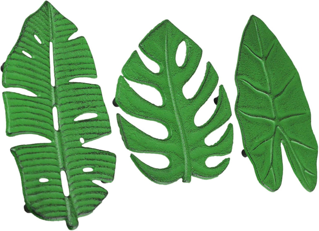 Cast Iron Trivets, 10 Inch Tropical Leaf Designs - Set of 3