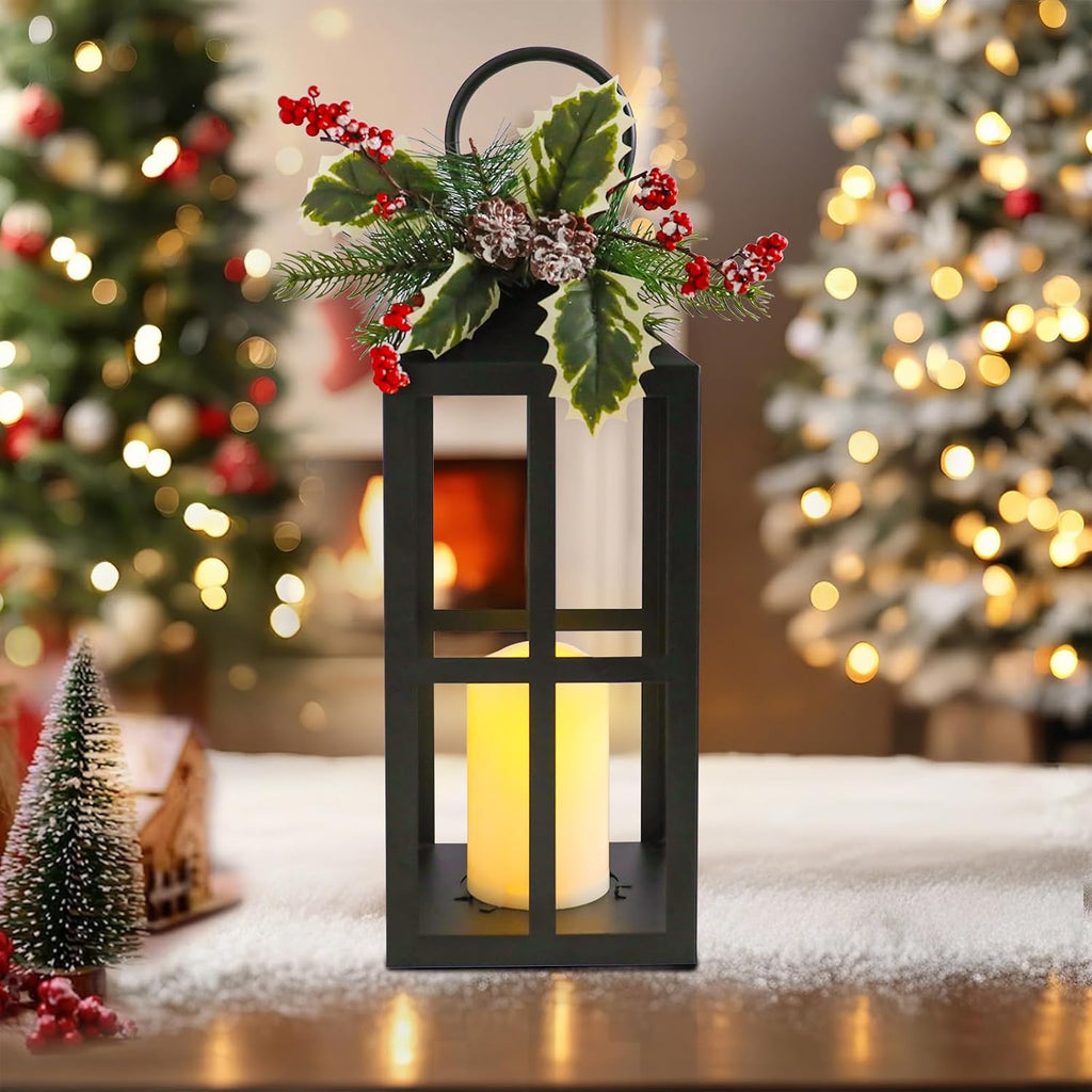 Christmas Lanterns Decorative Indoor Outdoor, 2 Pack Black Christmas Lantern, 18 Inch Timer Decorative Candle