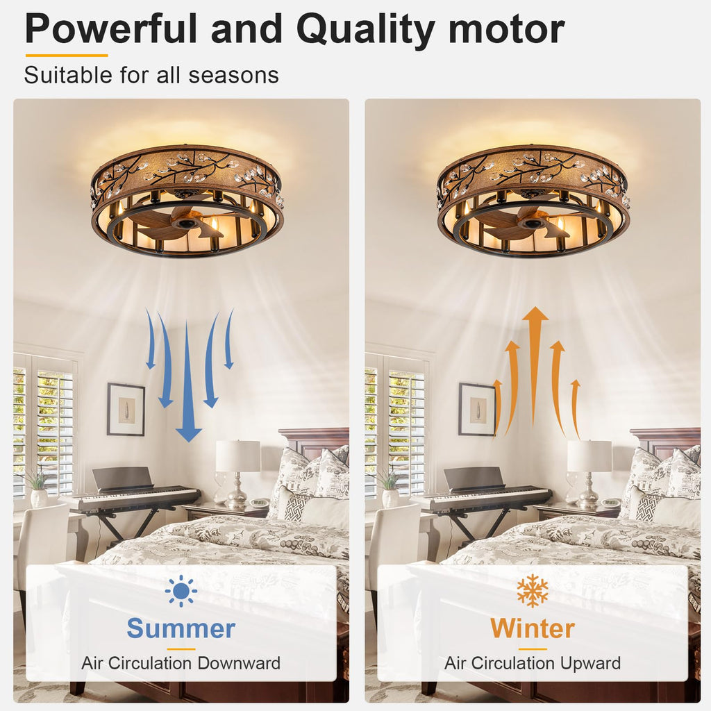 Low Profile Farmhouse Ceiling Fan with Light, 24" Rustic Flush Mount Ceiling Fans with Remote, Modern Caged Crystal