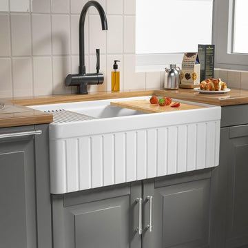 33 Inch Fireclay Farmhouse Sink White Fluted Apron Front Workstation | Heavy Duty Single Bowl Kitchen Sink, 33"W x
