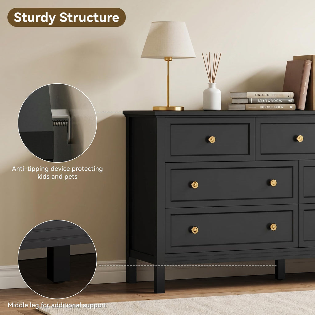 Black Dresser with Gold Handle Modern 7 Drawer Dresser, Wood Chest of Drawer Closet Clothes Storage Organizer, TV