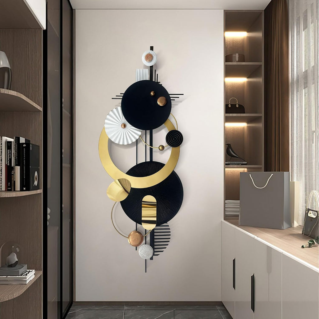 Large Modern Abstract Metal Wall Art, Black and Gold Geometric Circles Wall Decoration, Contemporary Home Decor,59 ×