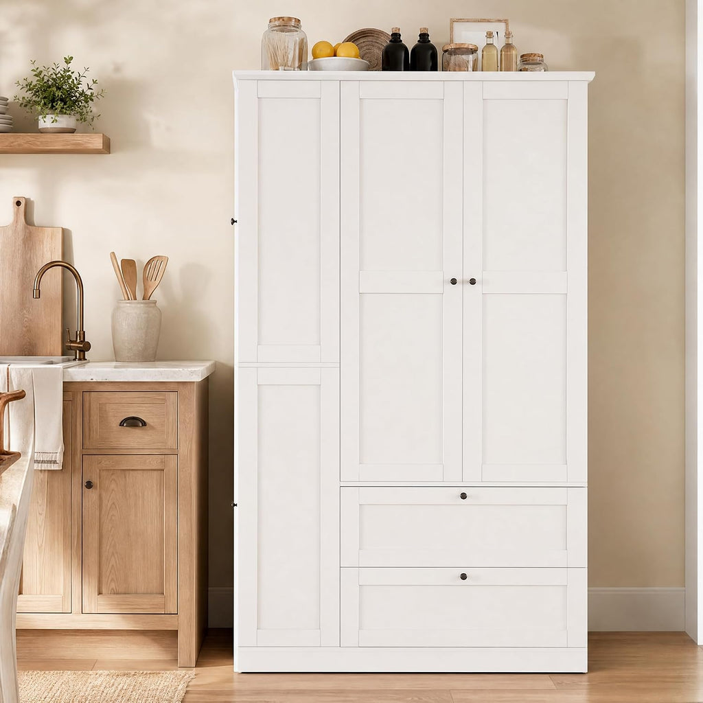 73.6" Tall Farmhouse Kitchen Pantry Cabinet with 7 Shelves, 2 Drawers, 3 Pull-Out Trays, 6 Doors and Side Cabinets