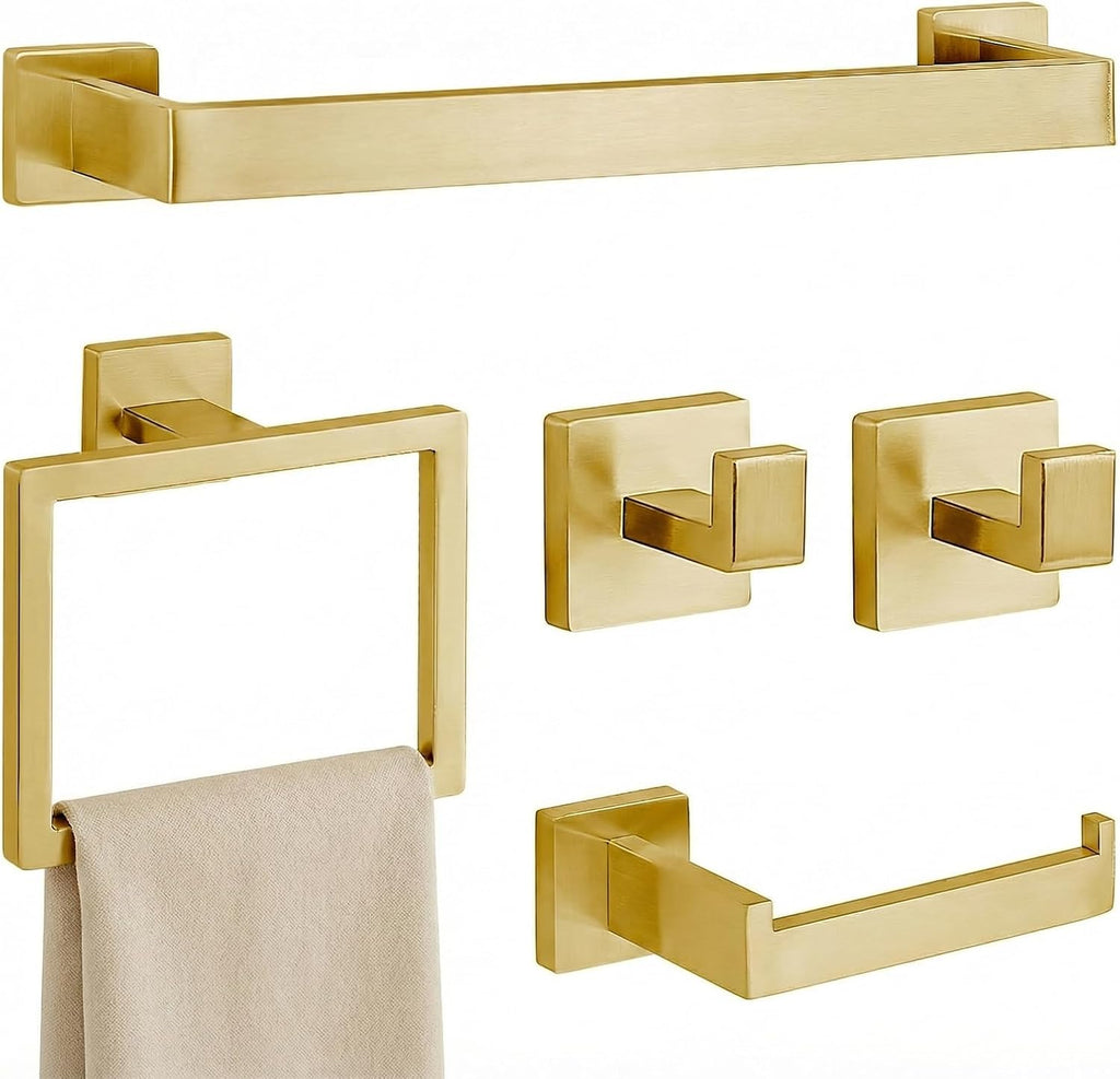5-Piece Brushed Gold Bathroom Accessory Set, 16 Inch Bathroom Hardware Set, Towel Racks , SUS304 Stainless Steel Wall