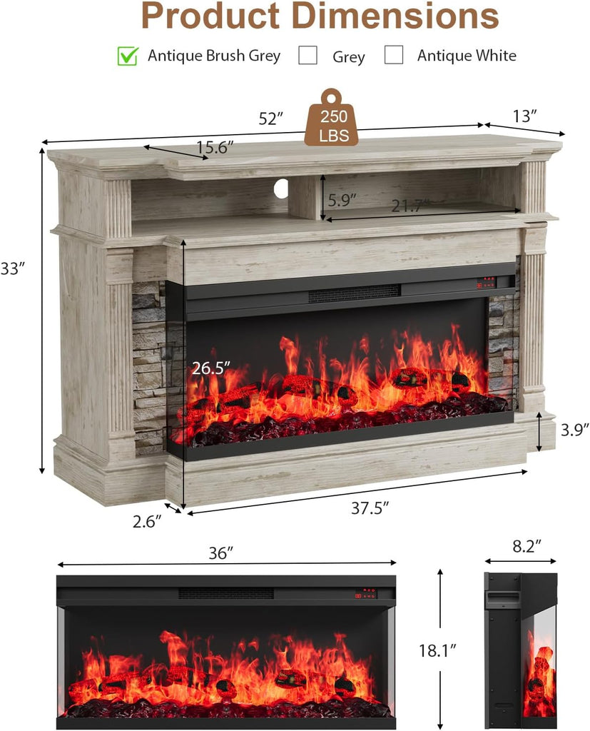 Fireplace TV Stand for TVs up to 65", Farmhouse 52"Fireplace Entertainment Center with 36" 3-Side Glass Electric