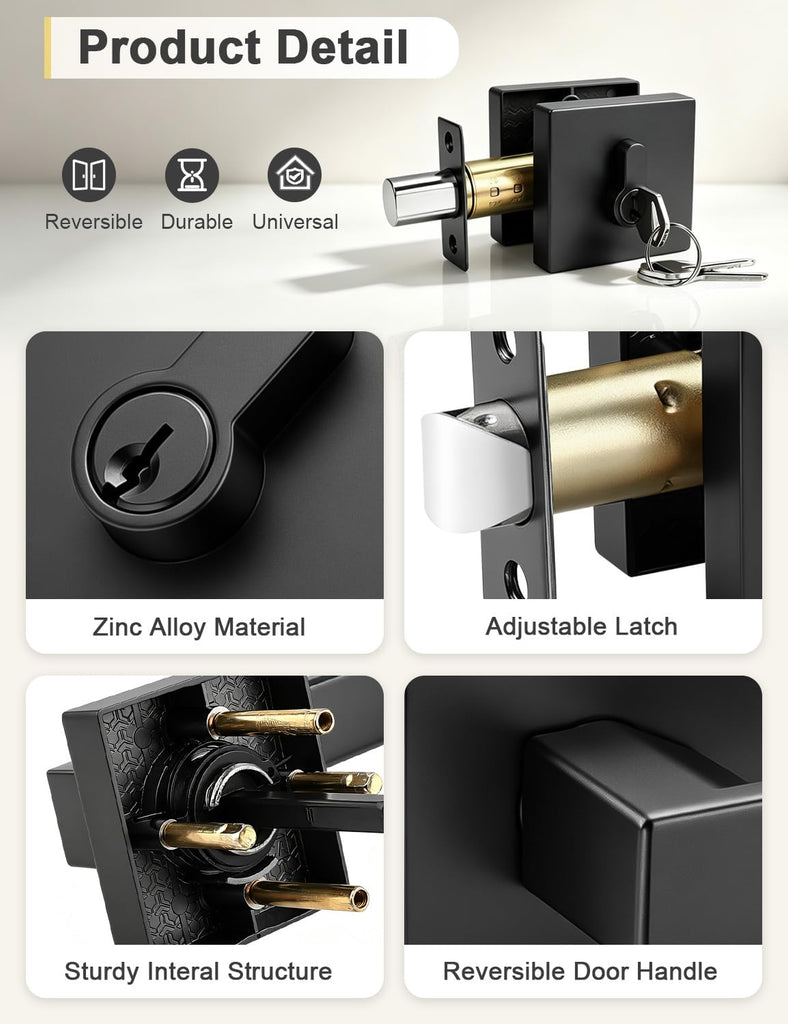 2 Pack Black Passage Door Lever with Single Cylinder Deadbolt, Exterior Square Door Handle with Deadbolt, Modern Door