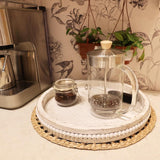 Round Wood Serving Tray with Beaded, 13” Rustic Wooden Decorative Coffee Table Tray for Centerpiece, Ottoman