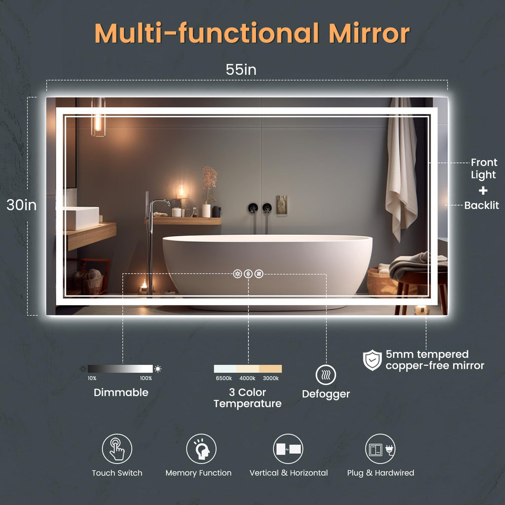 55x30 Inch Lighted Bathroom Mirror for Wall, Tempered Glass Smart Led Bathroom Mirror with Anti-Fog, Stepless