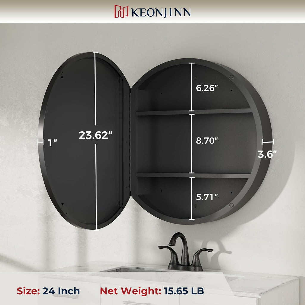 24 x 24 Inch Round Medicine Cabinet , Shatter-Proof | Surface Mount, Black Medicine Cabinet with Mirror, Metal Frame