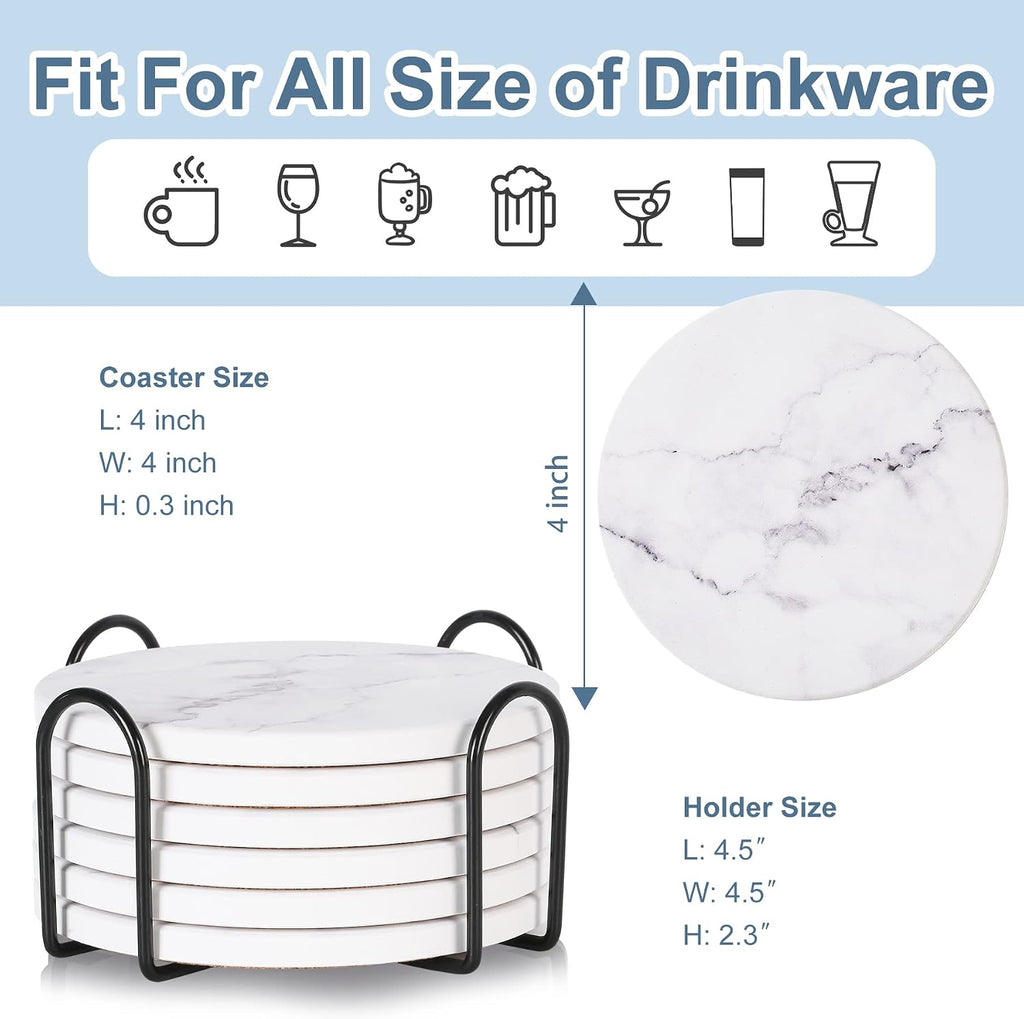 Absorbent Coasters for Drinks,Ceramic Coaster with Holder Durable - Set of 6