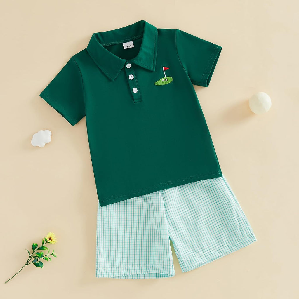 Baby Boy Golf Outfit Hole in One Embroidery Contrast Color Lapel Collar Shirt Solid Shorts Set Toddler Summer Clothes