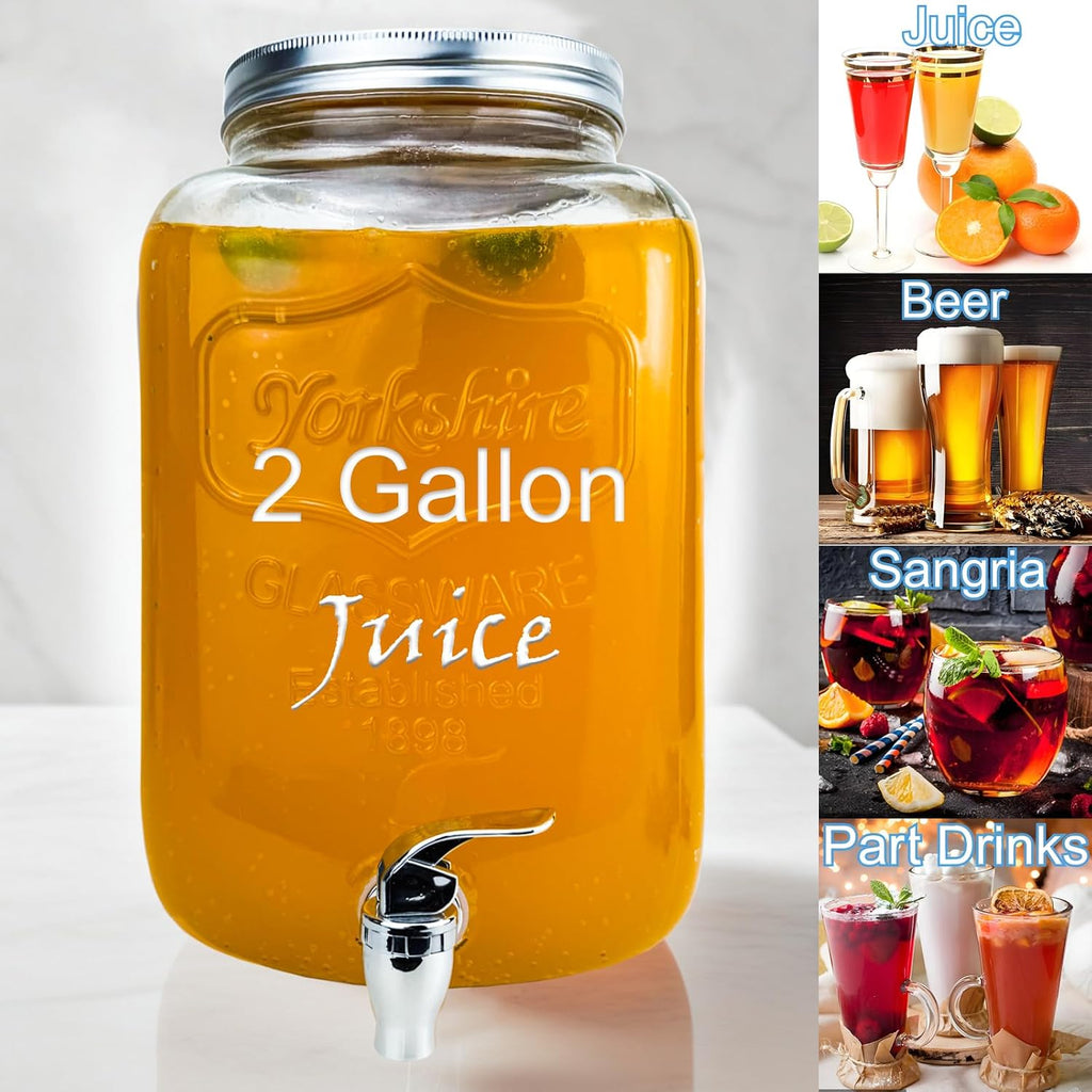 2 Gallon Larger Glass Drink Dispenser for Parties, 2 Packs Juice Lemonade Ice Tea Water Dispenser with Stand