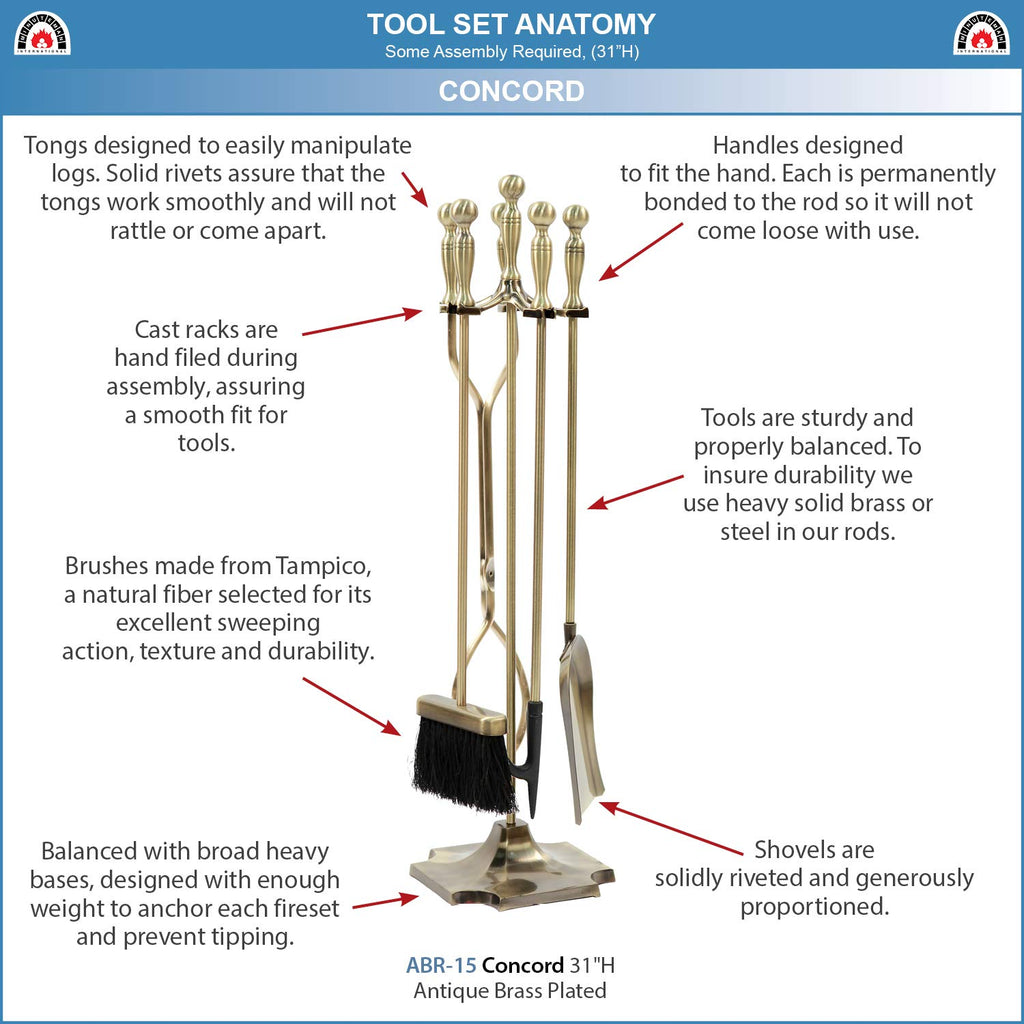 International Concord 5-piece Fireplace Tool Set, Antique Brass