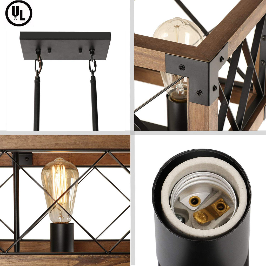 Rectangle Wood Chandelier Farmhouse Style Dining Room Kitchen Lighting Fixtures, 5 Lights Ceiling Hanging Pendant
