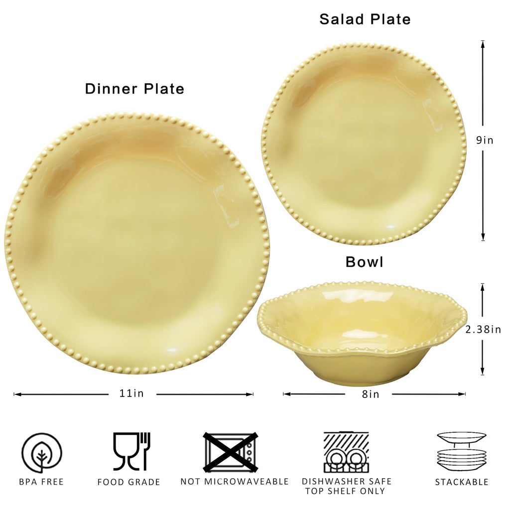 Pearl Dots Melamine Dinnerware Set for 4, Beaded Plates and Bowl Set,Yellow