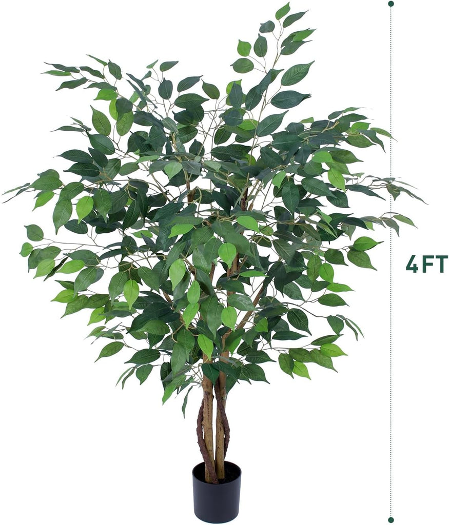 Artificial Ficus Tree 4ft, Artificial Plants Indoor with Realistic Leaves & Trunk, Fake Plants Living Room Decor.
