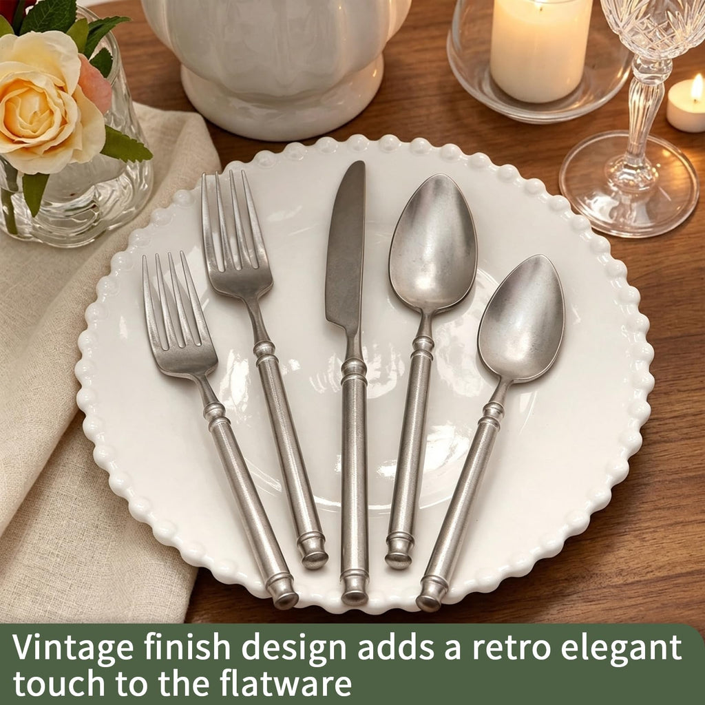 Silverware Set 18/10 Stainless Steel Vintage Flatware Set Service for 4, 20-Piece Hand Forged Distressed Finish
