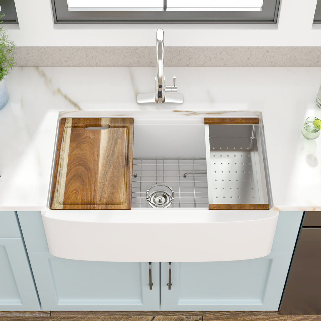 33"x21" White Farmhouse Sink Workstation Apron Front