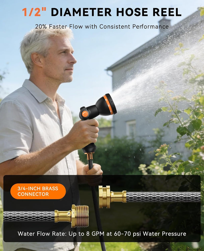 Retractable Garden Hose Reel - 1/2" x 100ft Wall Mounted Hose Reel with 3/4'' Brass Fitting & 10-Pattern Nozzle