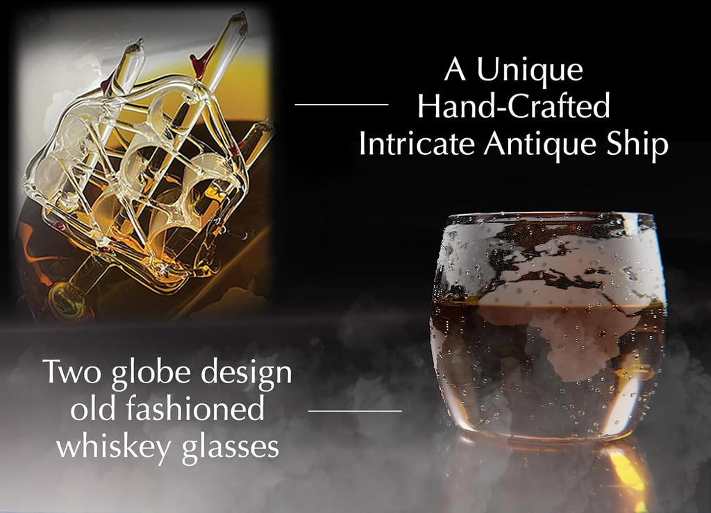Whiskey Decanter Globe Set with 2 Etched Globe Whisky Glasses | Liquor Decanter | Whiskey Stones, Ice Tong, Funnel - Set of 10