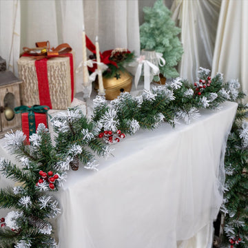 Pre-Lit Artificial Christmas Garland with 50 Lights, Plug in Garland Decorated with Pine Cones and Red Berries