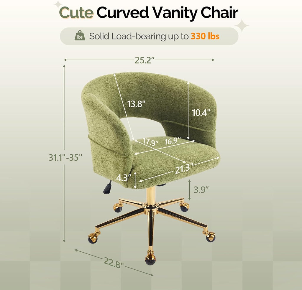 Modern Curved Office & Vanity Desk Chair, Cute Upholstered Nail Chair with Wheels & 360° Swivel & Club & Tilting &