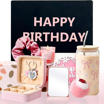 Happy Birthday Gift Box for Women - Relaxing Spa Basket for Best Friend, Mom, Coworker - Unique Gift Set with Pink - Set of 10